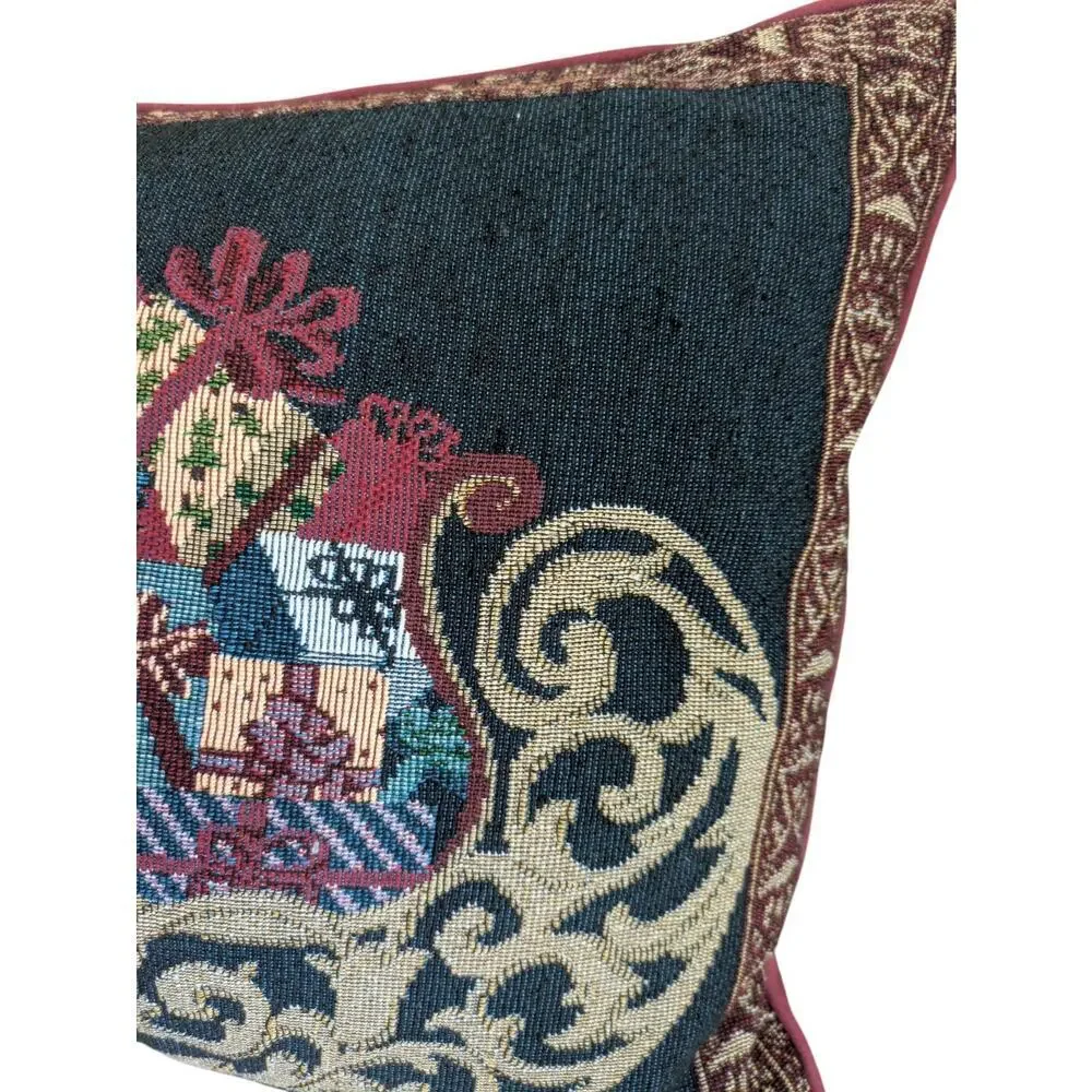 VTG Soft Impressions Tapestry Throw Pillow Christmas Santas Sleigh Burgundy Xmas